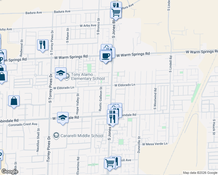 map of restaurants, bars, coffee shops, grocery stores, and more near 6106 Squil Chuck Court in Las Vegas