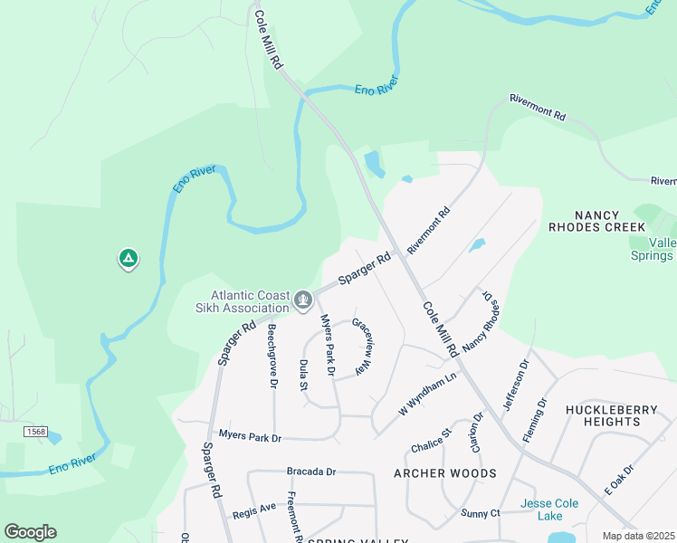 map of restaurants, bars, coffee shops, grocery stores, and more near 3215 Sparger Road in Durham
