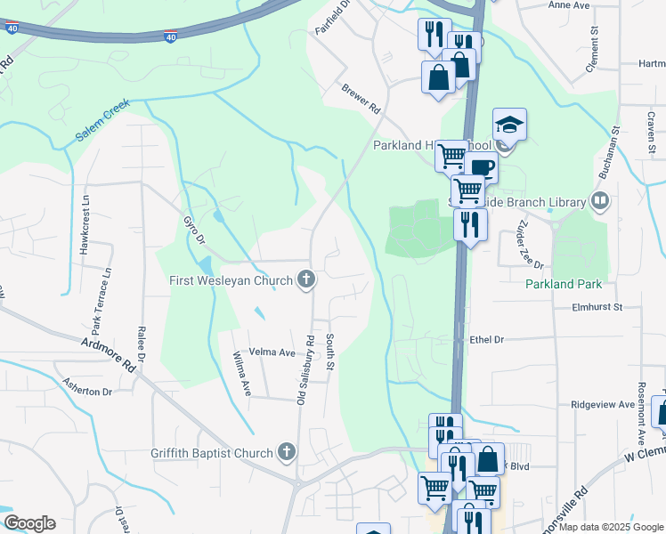 map of restaurants, bars, coffee shops, grocery stores, and more near 1509 Old Salisbury Court in Winston-Salem
