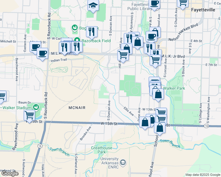map of restaurants, bars, coffee shops, grocery stores, and more near 87 South Bacardi Avenue in Fayetteville