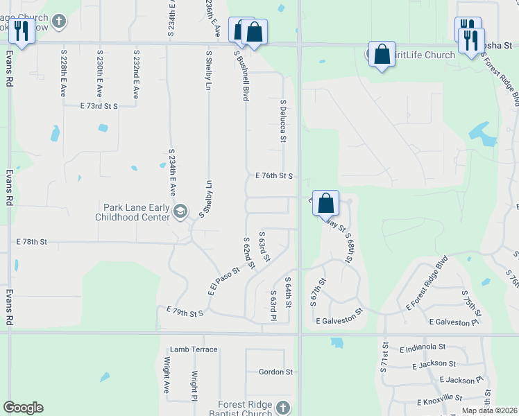 map of restaurants, bars, coffee shops, grocery stores, and more near 6308 East Commercial Street in Broken Arrow
