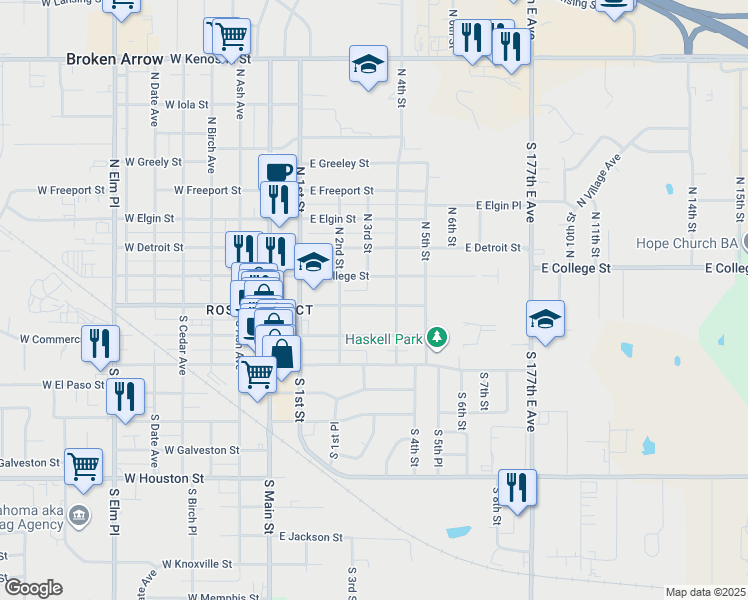 map of restaurants, bars, coffee shops, grocery stores, and more near 319 East Broadway Avenue in Broken Arrow
