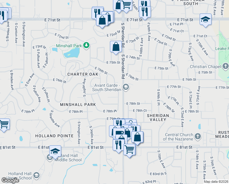 map of restaurants, bars, coffee shops, grocery stores, and more near 6306 East 77th Street in Tulsa