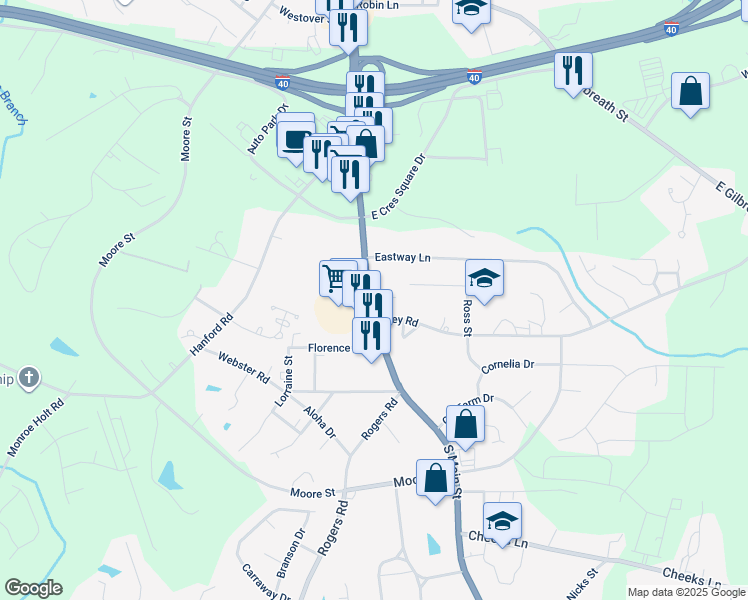 map of restaurants, bars, coffee shops, grocery stores, and more near 916 Bullis Street in Graham