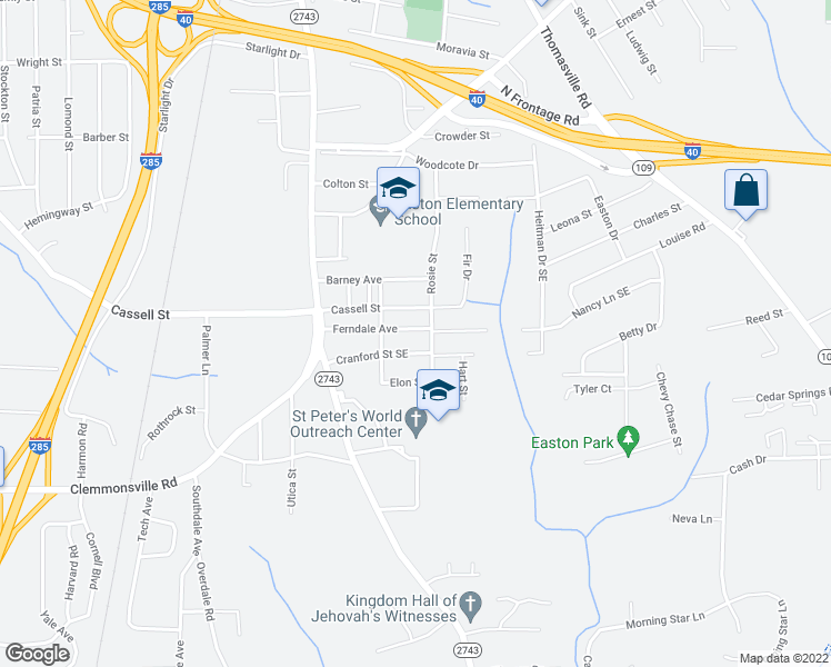 map of restaurants, bars, coffee shops, grocery stores, and more near 832 Ferndale Avenue in Winston-Salem