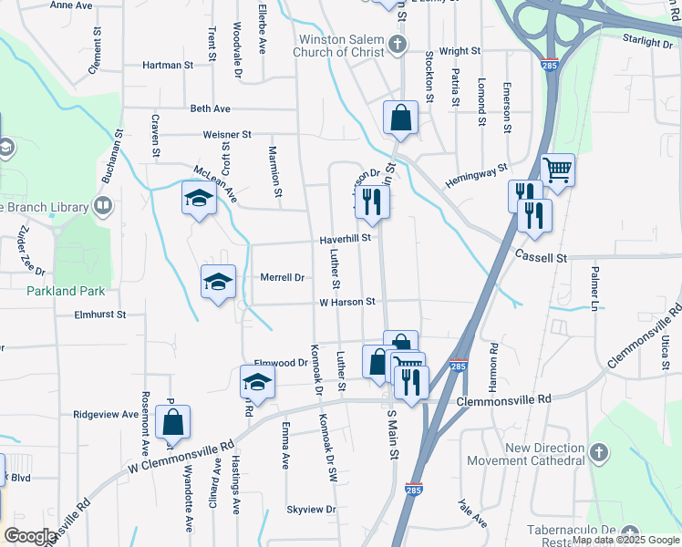 map of restaurants, bars, coffee shops, grocery stores, and more near 3235 Luther Street in Winston-Salem
