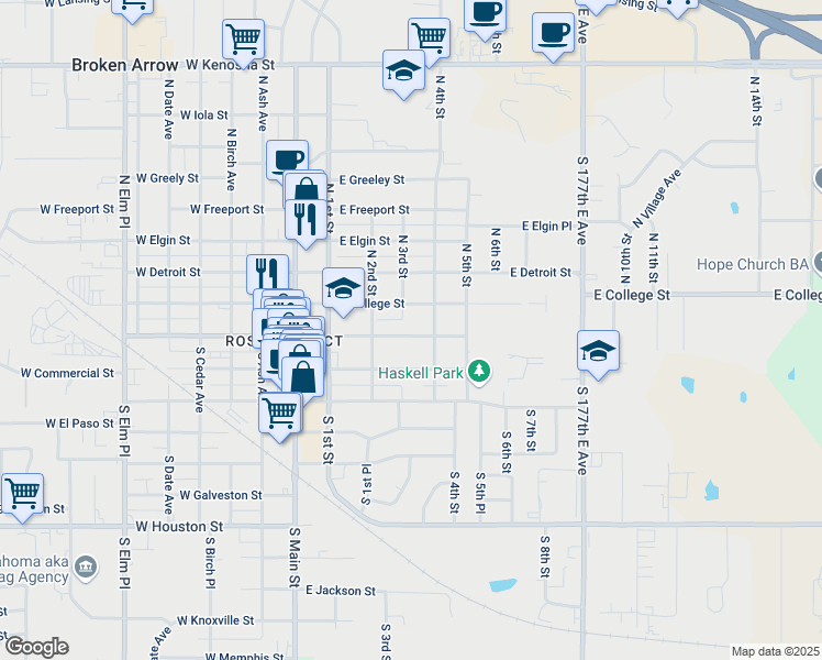 map of restaurants, bars, coffee shops, grocery stores, and more near 319 East Broadway Avenue in Broken Arrow