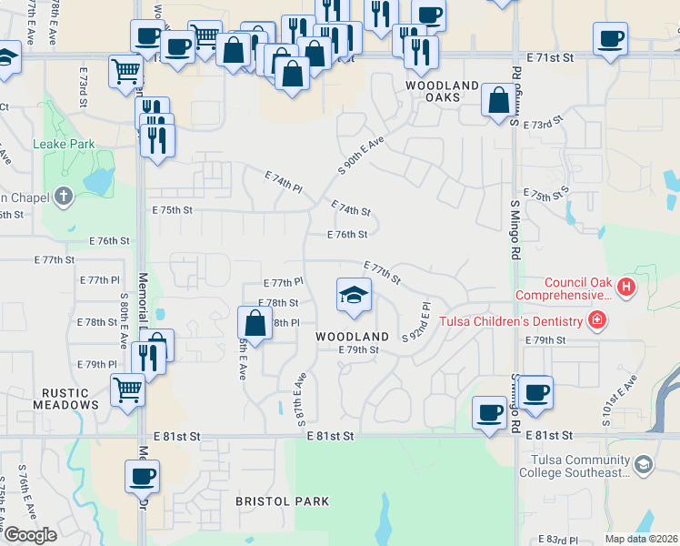 map of restaurants, bars, coffee shops, grocery stores, and more near 8834 East 77th Street in Tulsa