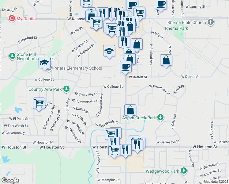 map of restaurants, bars, coffee shops, grocery stores, and more near 2316 West Broadway Court in Broken Arrow