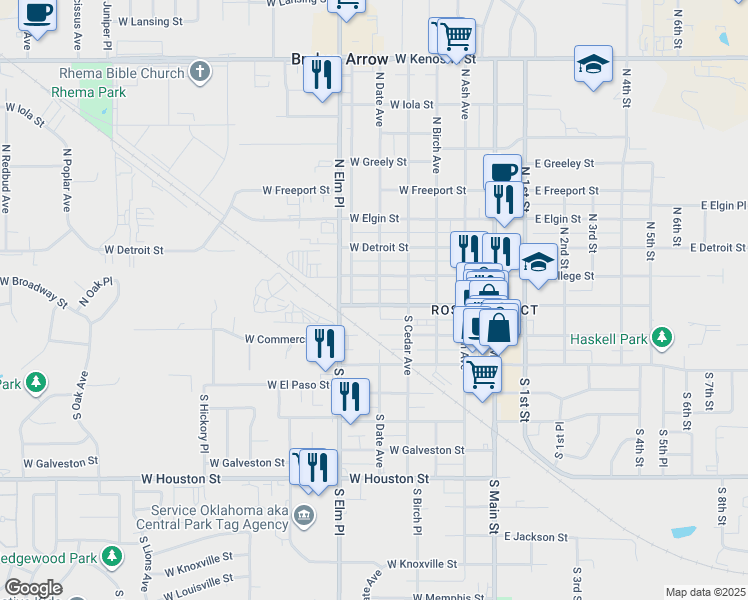 map of restaurants, bars, coffee shops, grocery stores, and more near 502 West Broadway Avenue in Broken Arrow