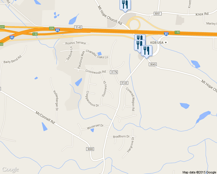 map of restaurants, bars, coffee shops, grocery stores, and more near 1513 Guinness Drive in McLeansville