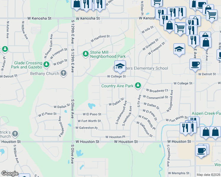 map of restaurants, bars, coffee shops, grocery stores, and more near 3102 West Broadway Place in Broken Arrow