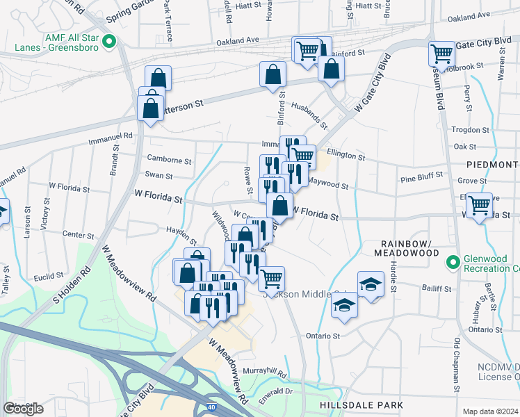 map of restaurants, bars, coffee shops, grocery stores, and more near 2515 West Florida Street in Greensboro