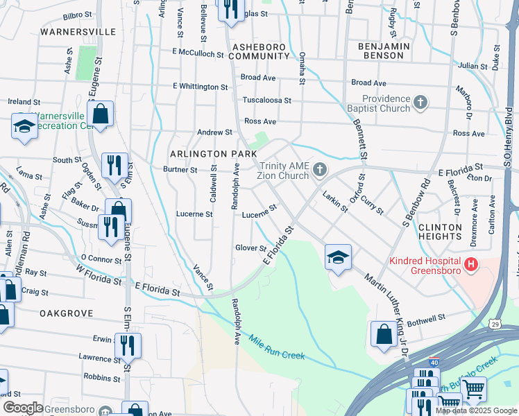 map of restaurants, bars, coffee shops, grocery stores, and more near 1414 Plymouth Street in Greensboro