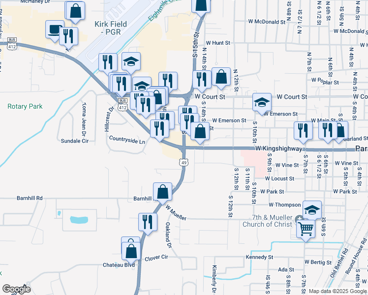 map of restaurants, bars, coffee shops, grocery stores, and more near Linwood Drive in Paragould