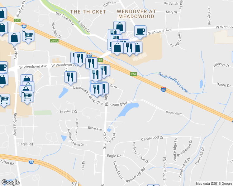 map of restaurants, bars, coffee shops, grocery stores, and more near 1601 Stanley Road in Greensboro