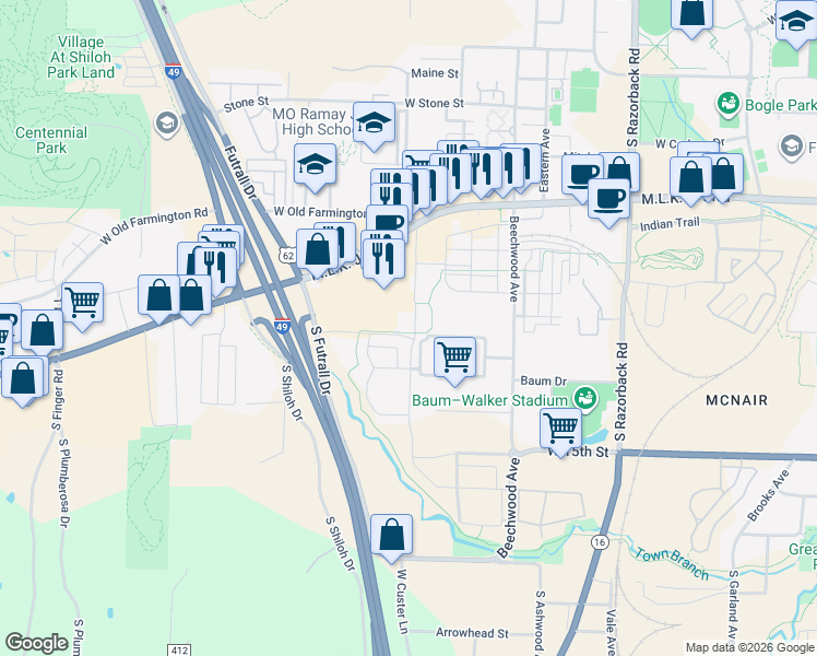 map of restaurants, bars, coffee shops, grocery stores, and more near 2117 West Best Way Street in Fayetteville