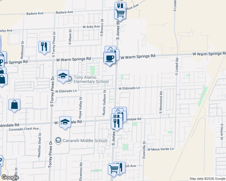 map of restaurants, bars, coffee shops, grocery stores, and more near 6106 Squil Chuck Court in Las Vegas