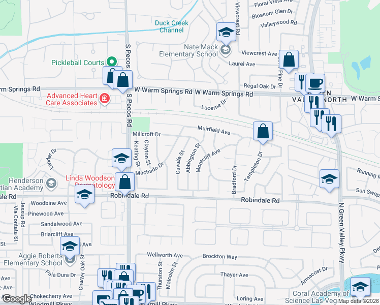 map of restaurants, bars, coffee shops, grocery stores, and more near 343 Abbington Street in Henderson
