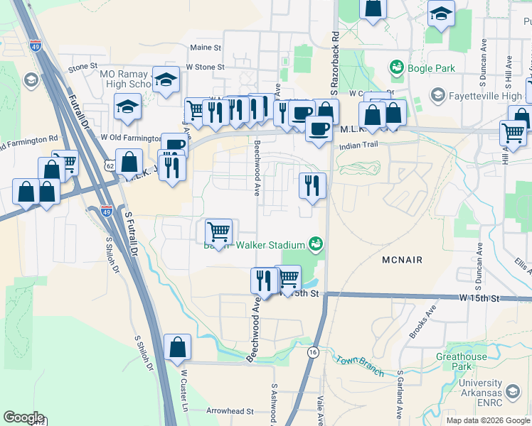 map of restaurants, bars, coffee shops, grocery stores, and more near 1080 South Serendipity Drive in Fayetteville