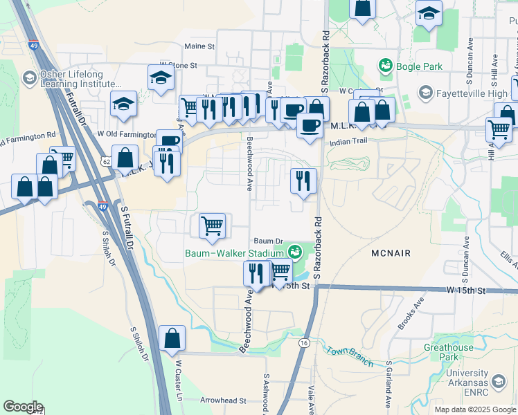 map of restaurants, bars, coffee shops, grocery stores, and more near 1080 South Serendipity Drive in Fayetteville