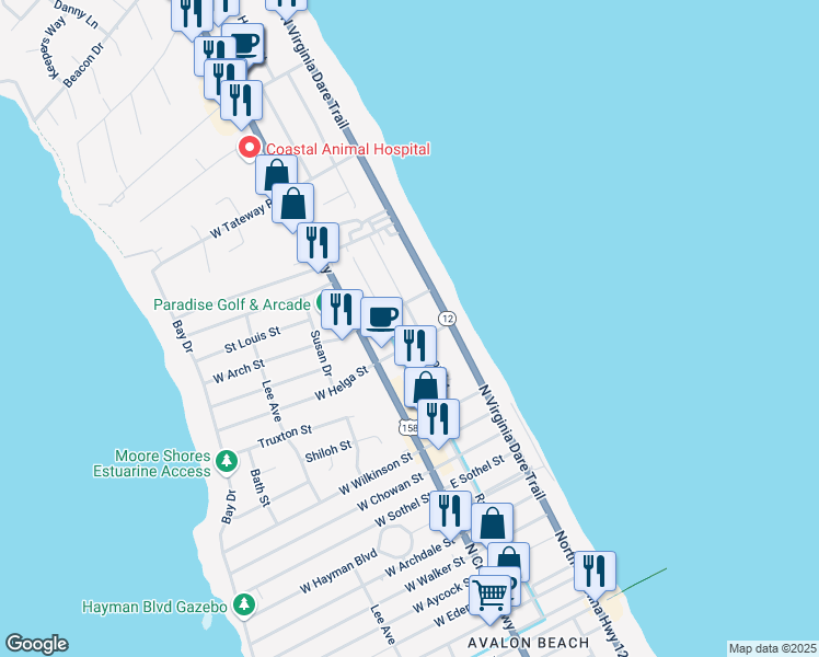 map of restaurants, bars, coffee shops, grocery stores, and more near 206 E Helga St in Kill Devil Hills