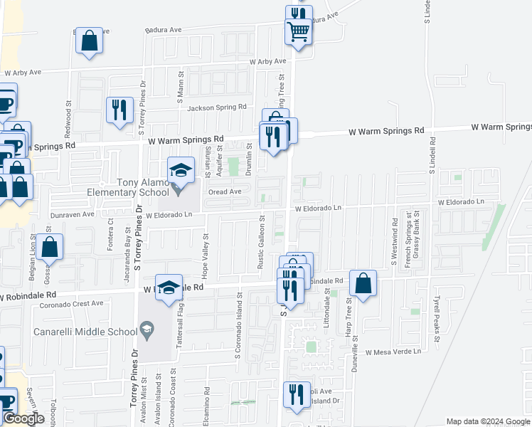 map of restaurants, bars, coffee shops, grocery stores, and more near 7506 Rustic Galleon Street in Las Vegas