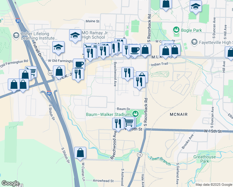 map of restaurants, bars, coffee shops, grocery stores, and more near 1078 Beechwood Avenue in Fayetteville