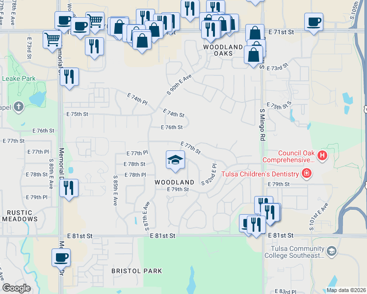 map of restaurants, bars, coffee shops, grocery stores, and more near 9006 East 77th Street in Tulsa