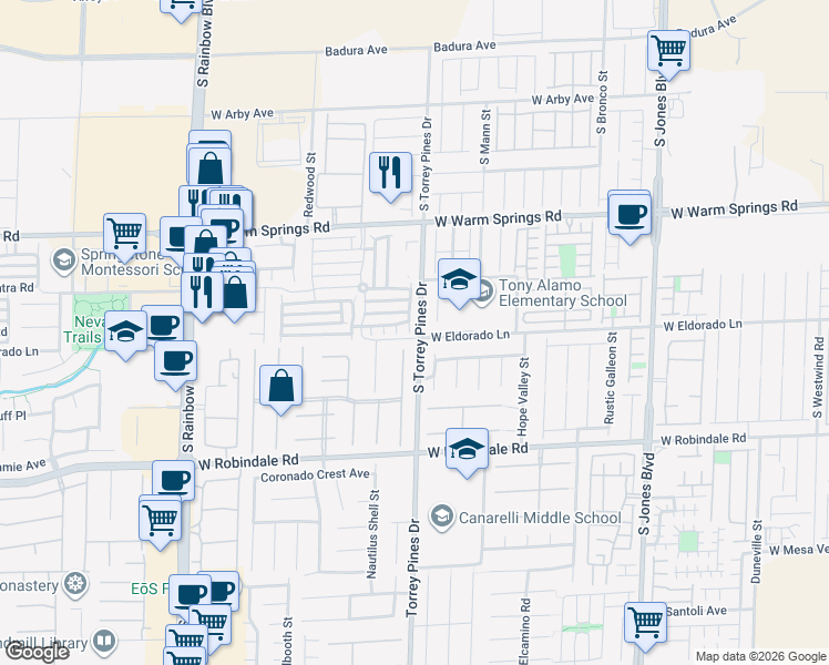 map of restaurants, bars, coffee shops, grocery stores, and more near 7490 Speedwell Cavern Street in Las Vegas