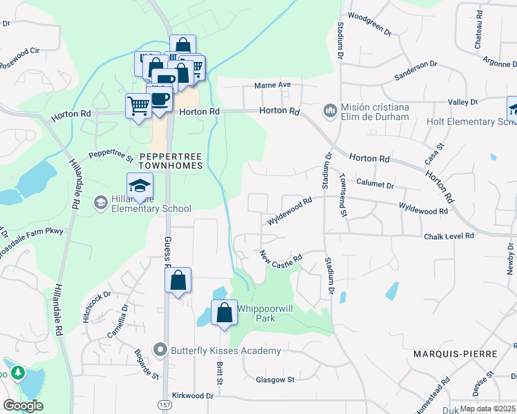 map of restaurants, bars, coffee shops, grocery stores, and more near 1424 New Castle Road in Durham