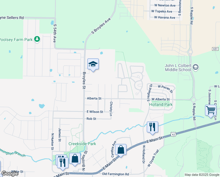 map of restaurants, bars, coffee shops, grocery stores, and more near 277 Christy Lane in Farmington