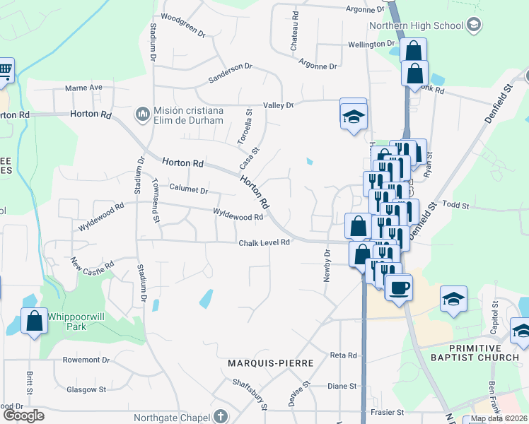 map of restaurants, bars, coffee shops, grocery stores, and more near 802 Wyldewood Road in Durham