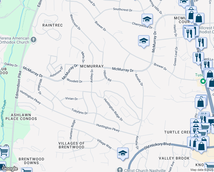 map of restaurants, bars, coffee shops, grocery stores, and more near 5115 Hilson Road in Nashville