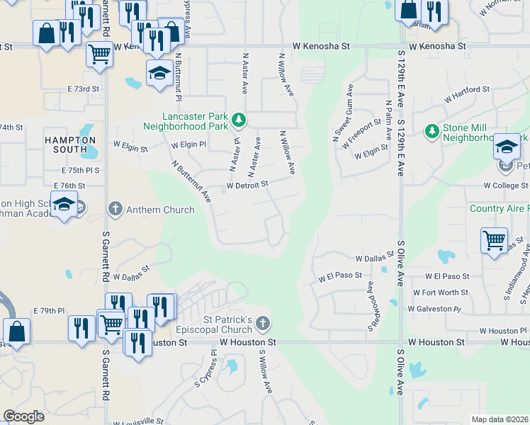 map of restaurants, bars, coffee shops, grocery stores, and more near 4304 West Broadway Avenue in Broken Arrow