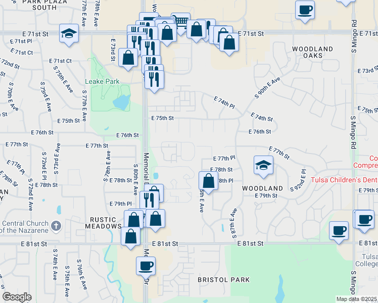 map of restaurants, bars, coffee shops, grocery stores, and more near 7717 South 84th East Avenue in Tulsa