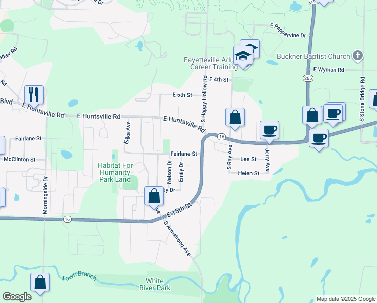 map of restaurants, bars, coffee shops, grocery stores, and more near 1694 Fairlane Street in Fayetteville