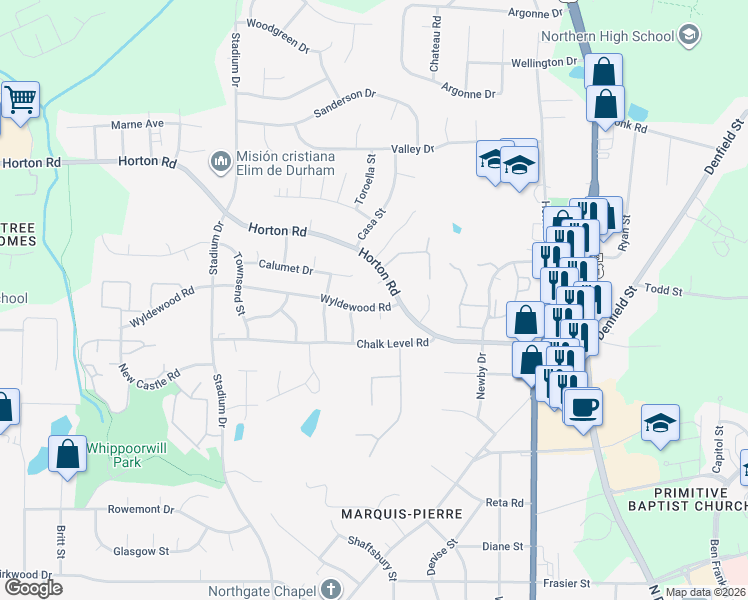 map of restaurants, bars, coffee shops, grocery stores, and more near 802 Wyldewood Road in Durham