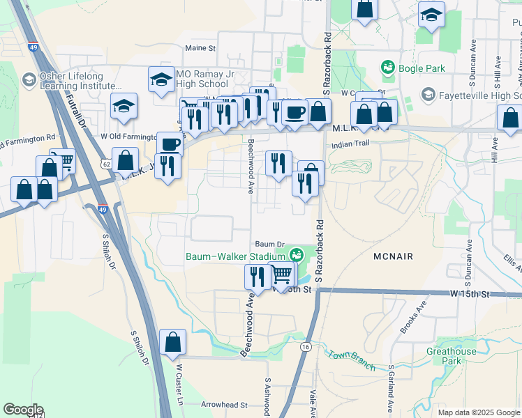 map of restaurants, bars, coffee shops, grocery stores, and more near 1074 South Serendipity Drive in Fayetteville