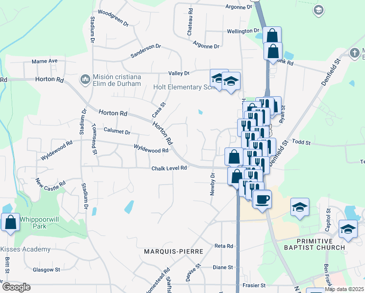 map of restaurants, bars, coffee shops, grocery stores, and more near 11 Sweetbay Court in Durham