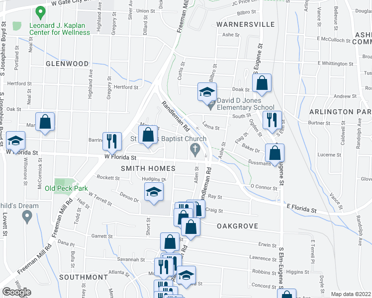 map of restaurants, bars, coffee shops, grocery stores, and more near 605 Marsh Street in Greensboro