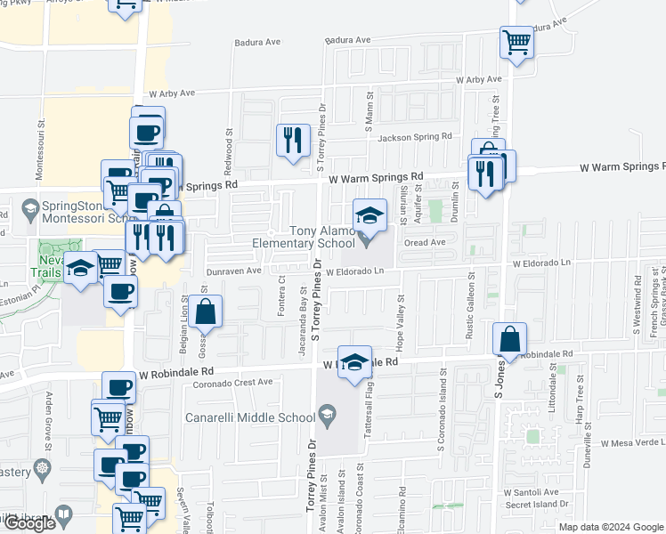 map of restaurants, bars, coffee shops, grocery stores, and more near 6468 West Eldorado Lane in Las Vegas