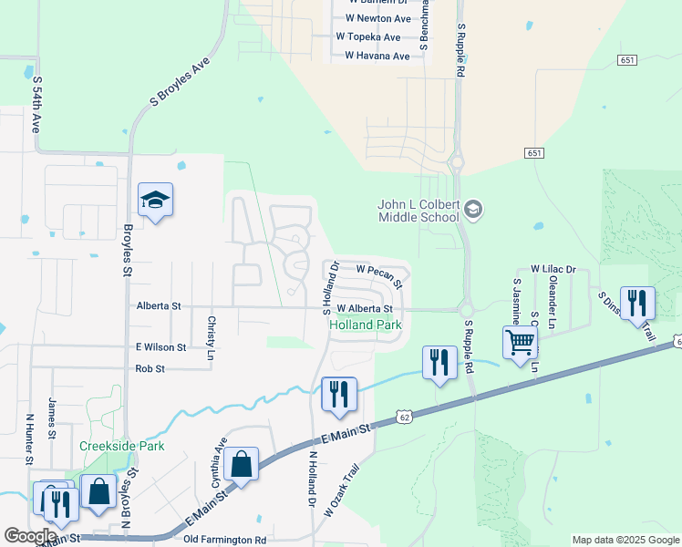 map of restaurants, bars, coffee shops, grocery stores, and more near 4525 West Pecan Street in Fayetteville