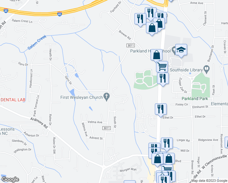 map of restaurants, bars, coffee shops, grocery stores, and more near 1600 Windsong Court in Winston-Salem