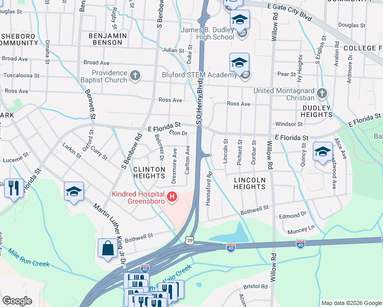 map of restaurants, bars, coffee shops, grocery stores, and more near 1909 Carlton Avenue in Greensboro