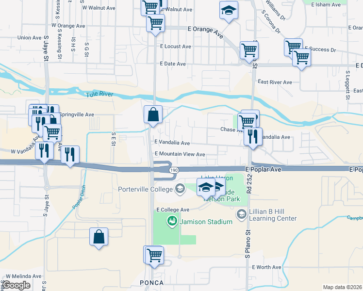 map of restaurants, bars, coffee shops, grocery stores, and more near 135 East Vandalia Avenue in Porterville
