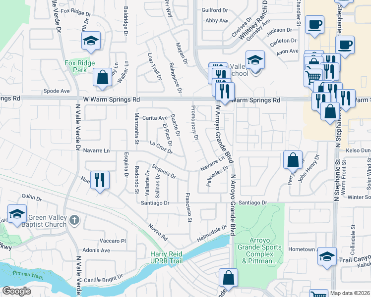 map of restaurants, bars, coffee shops, grocery stores, and more near 1659 Duarte Drive in Henderson