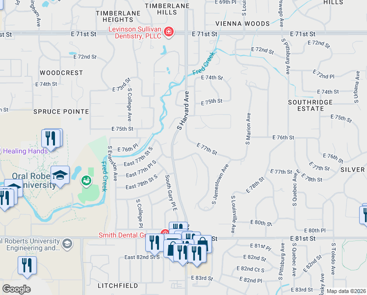 map of restaurants, bars, coffee shops, grocery stores, and more near 7702 South Harvard Place in Tulsa