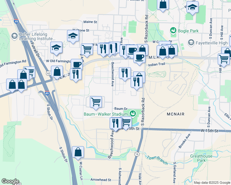 map of restaurants, bars, coffee shops, grocery stores, and more near 1074 South Serendipity Drive in Fayetteville