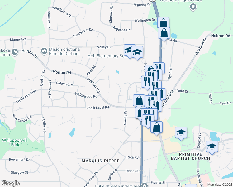 map of restaurants, bars, coffee shops, grocery stores, and more near 34 Stonewall Way in Durham